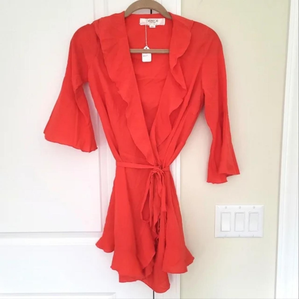 NWT ASOS Outrageous Fortune Neon Red/Orange Ruffle Wrap Dress Women's Size 4 - Picture 5 of 8